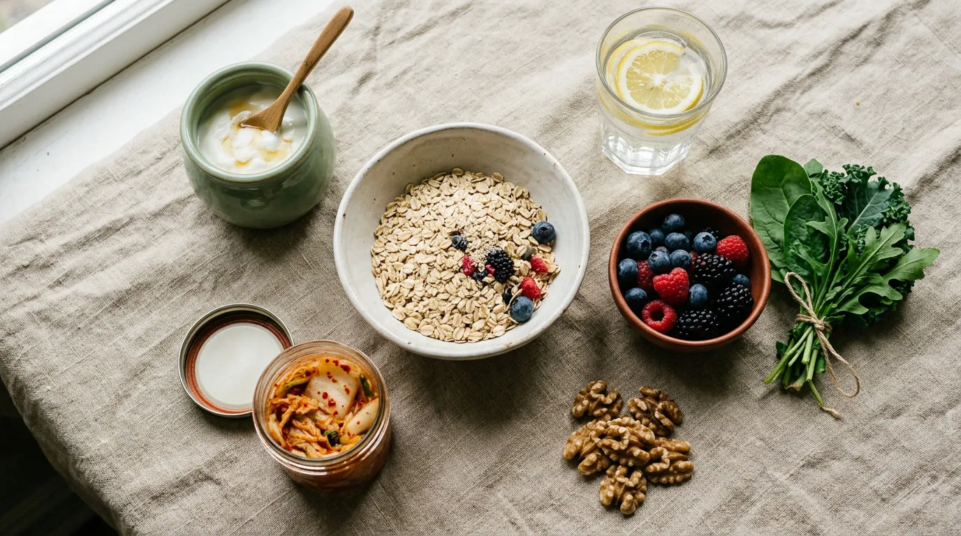 Flat lay of gut-friendly foods: fermented vegetables in jars, berries, oats, leafy greens, nuts on a warm linen surface, natural earthy tones