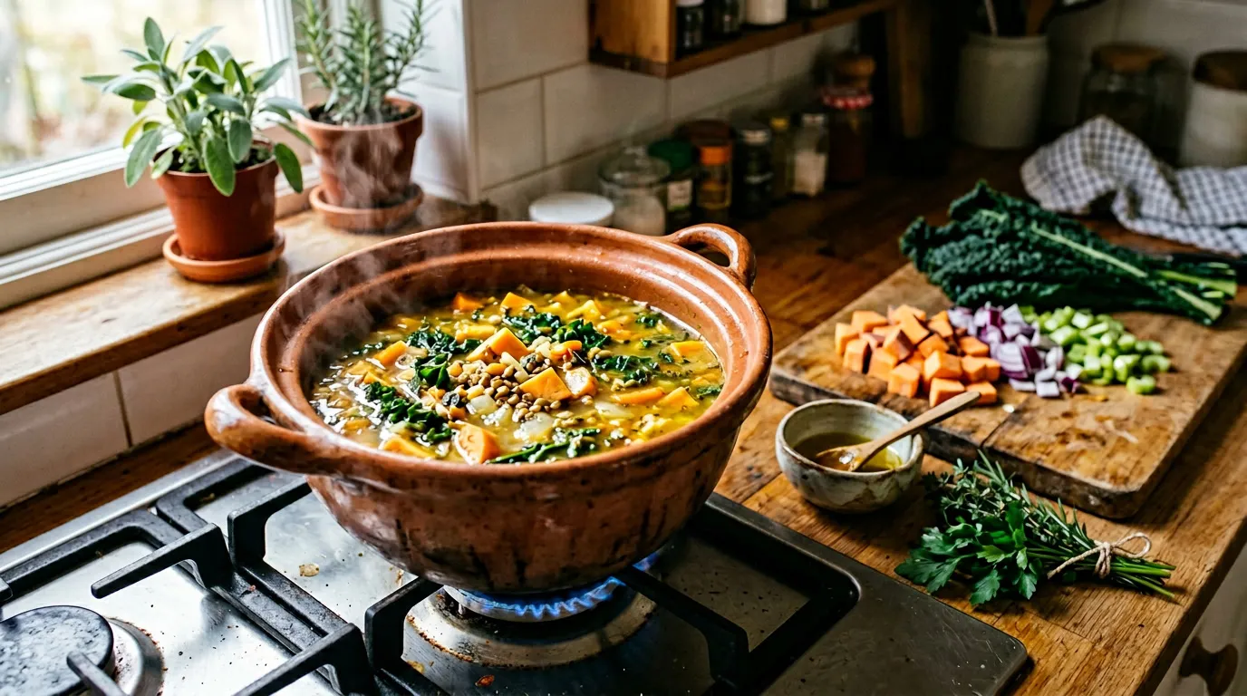 Woman in her early 30s preparing a colorful meal in a bright kitchen, adding vegetables to a pot, soft morning light, relaxed and real — not staged