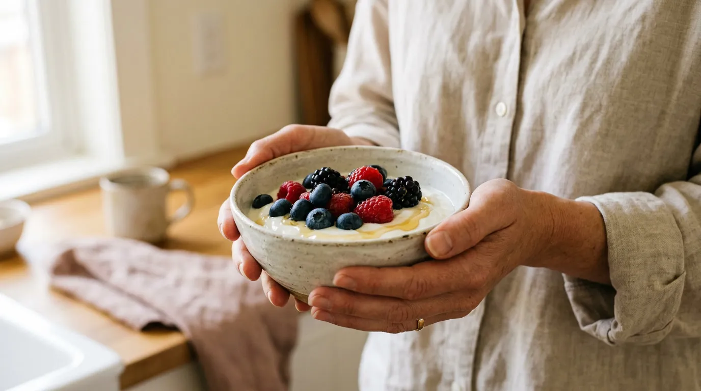 Woman in her early 30s with healthy glowing skin, sitting near a window with natural morning light, holding a bowl of yogurt and fresh berries